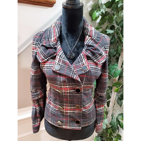 Titi Women's Gray Check Wool Long Sleeve Buttons Front Casual Jacket Size Small - Picture 12 of 12